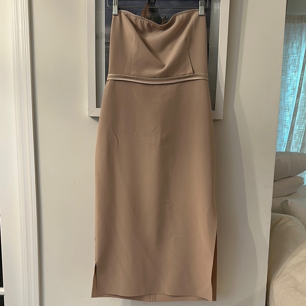 Elizabeth and James Tan Strapless Midi Dress with Slit
